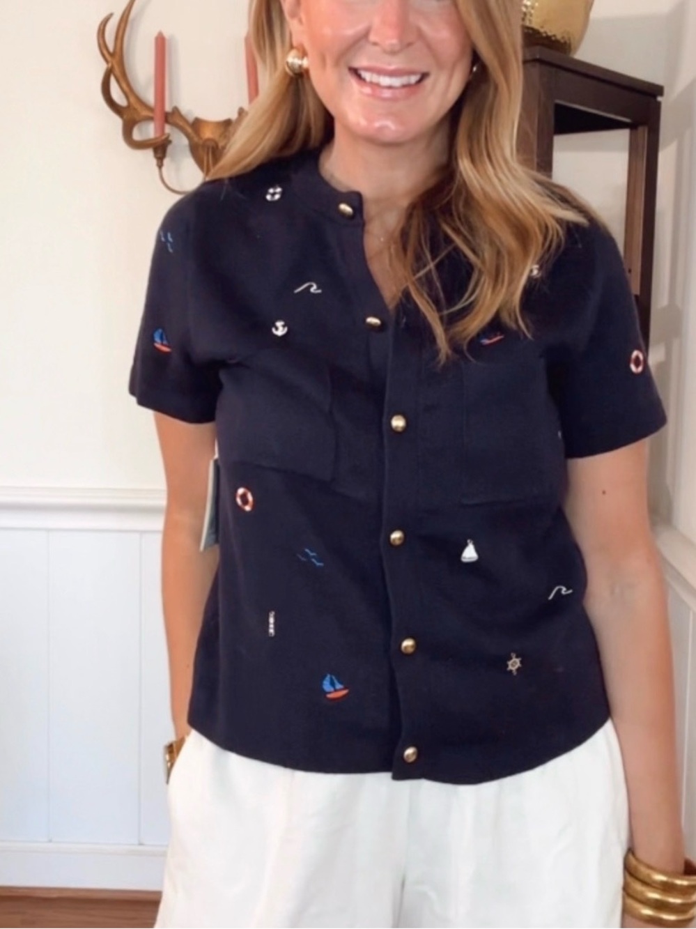 Navy Nautical Embroidered Short-Sleeve Cardigan with Gold Buttons